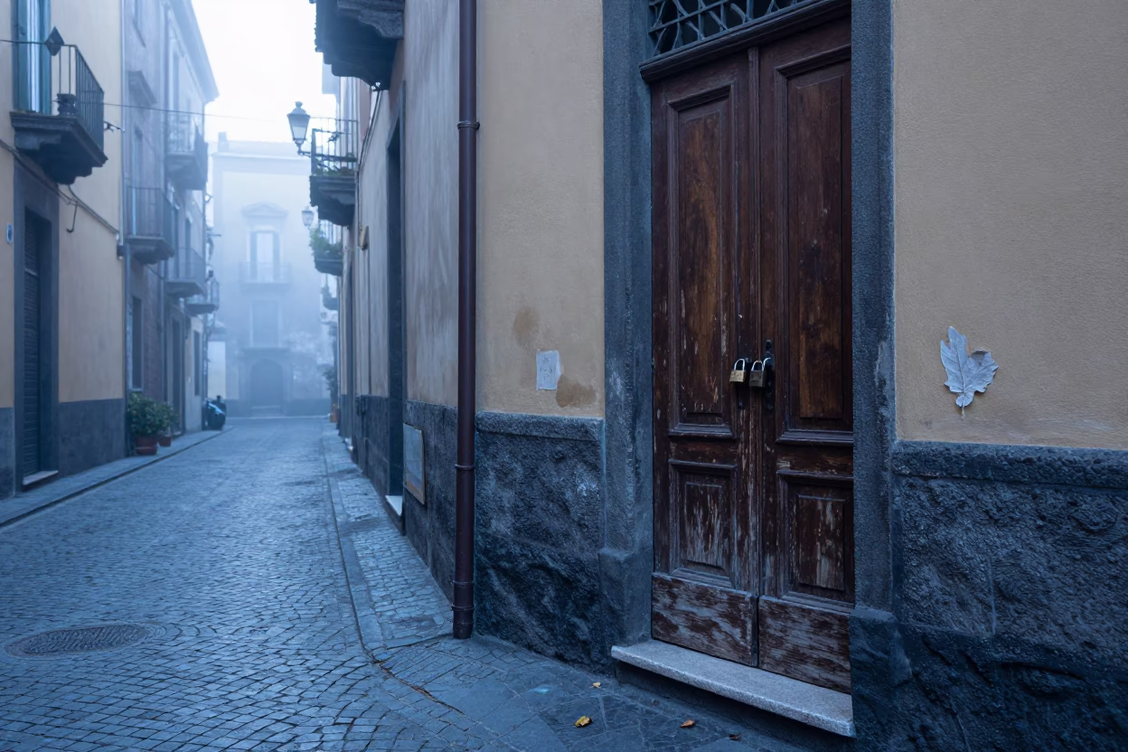 Early Morning Naples Street Scene with Padlock and Leaf Shadows in in Naples, Italy