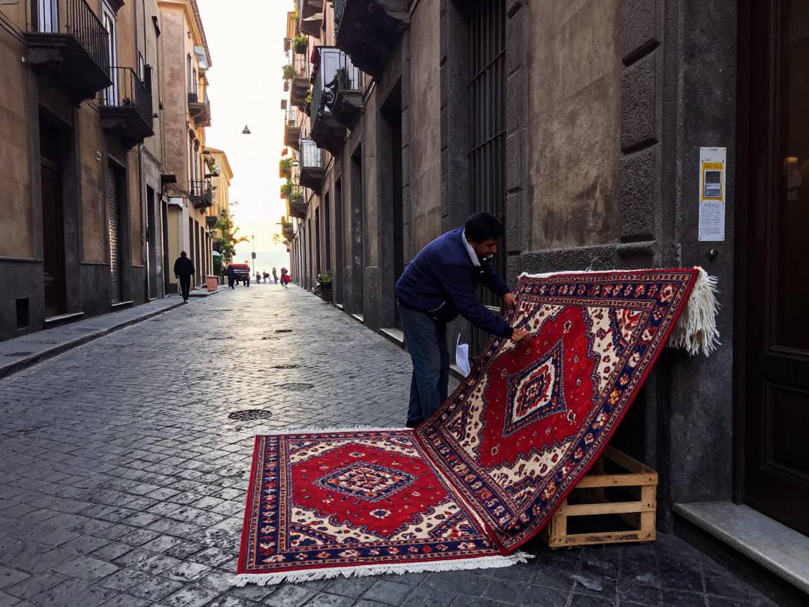 Early Morning Naples Street Scene with Patterned Rug and Local Vendor in in Naples, Italy