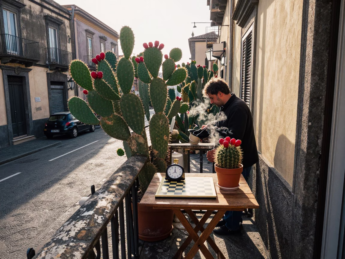 Early Morning Naples Street Scene with Prickly Pear Cactus and Chess Clock on Balcony in in Naples, Italy