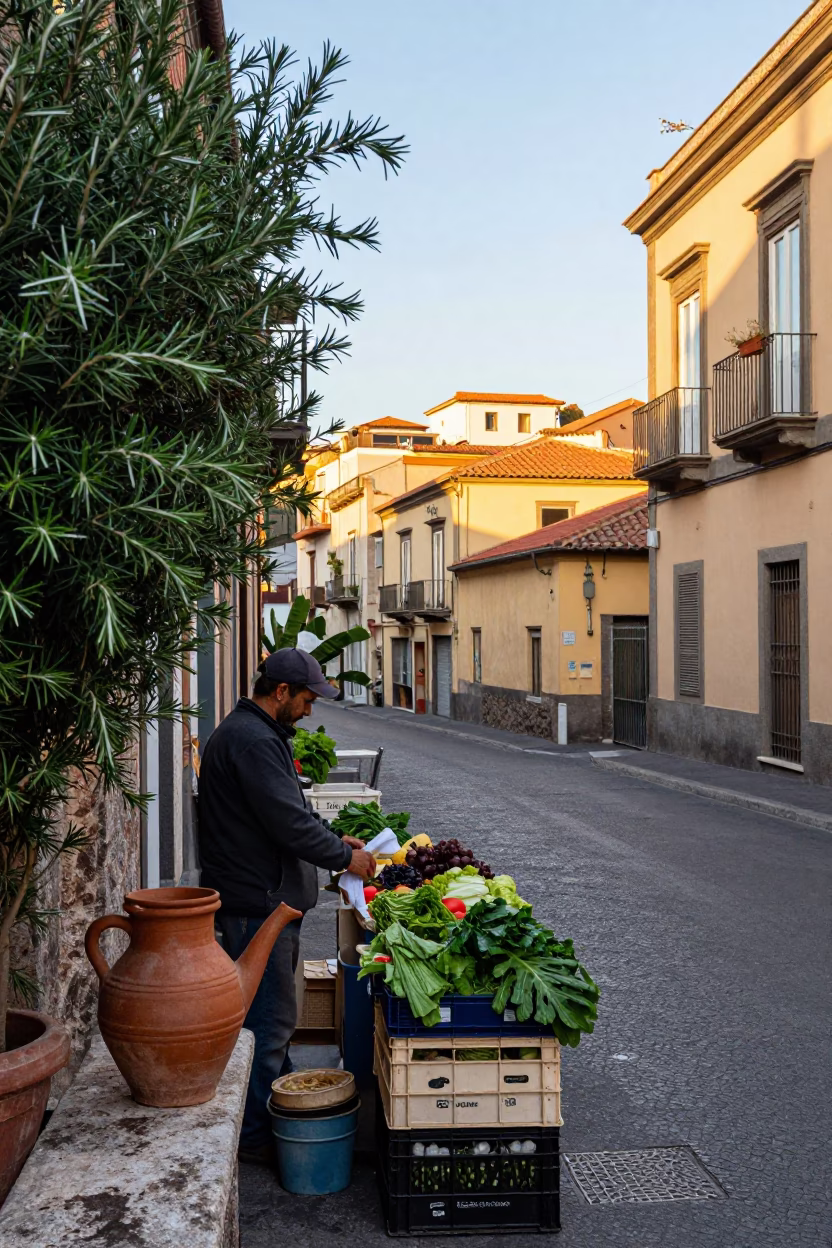 Early Morning Naples Street Scene with Rosemary Sprigs and Watering Jug in in Naples, Italy