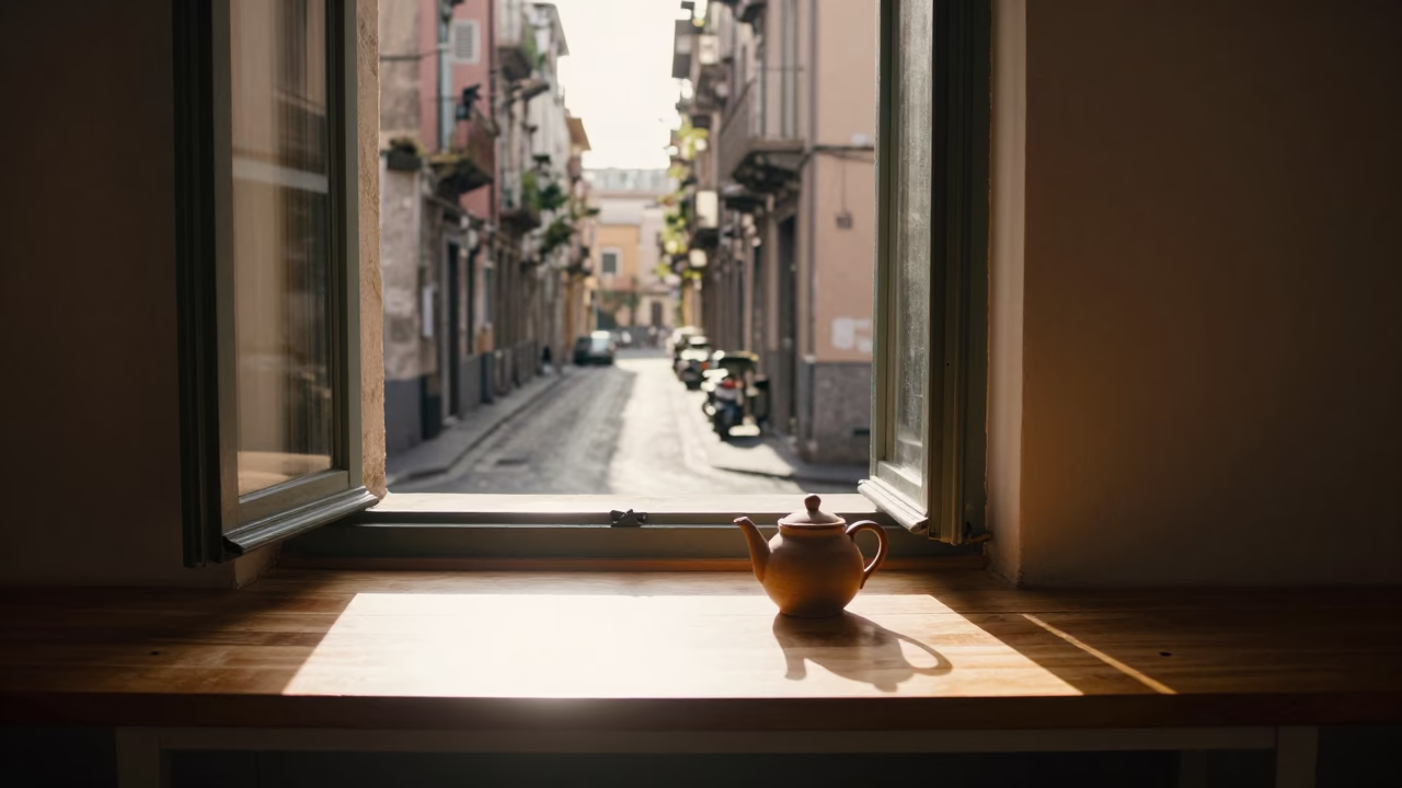 Early Morning Naples Street Scene with Sunlight and Clay Teapot in in Naples, Italy