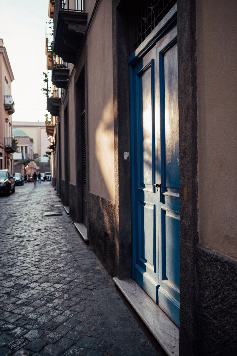 Early Morning Naples Street Scene with Sunlight and Vintage Details in in Naples, Italy