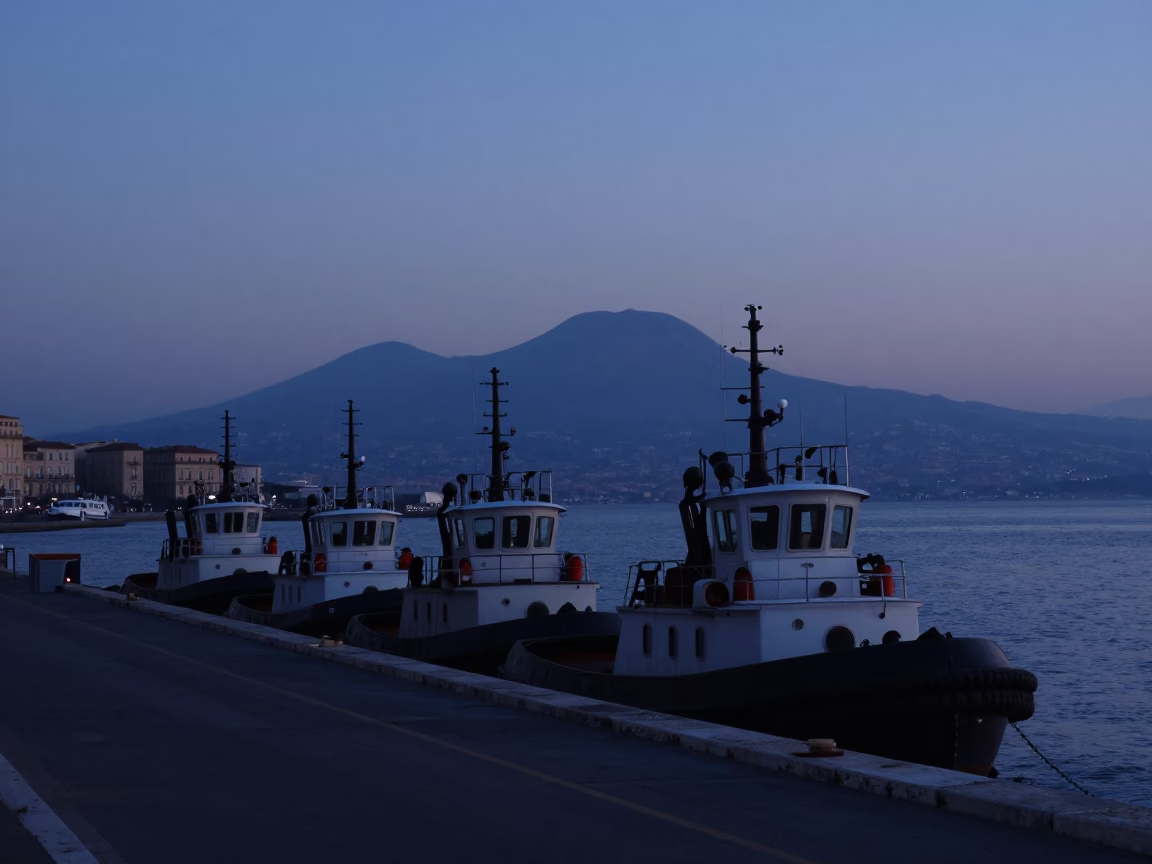 Early Morning Naples Street Scene with Tugboat Fleet and Tanker at Dawn in in Naples, Italy