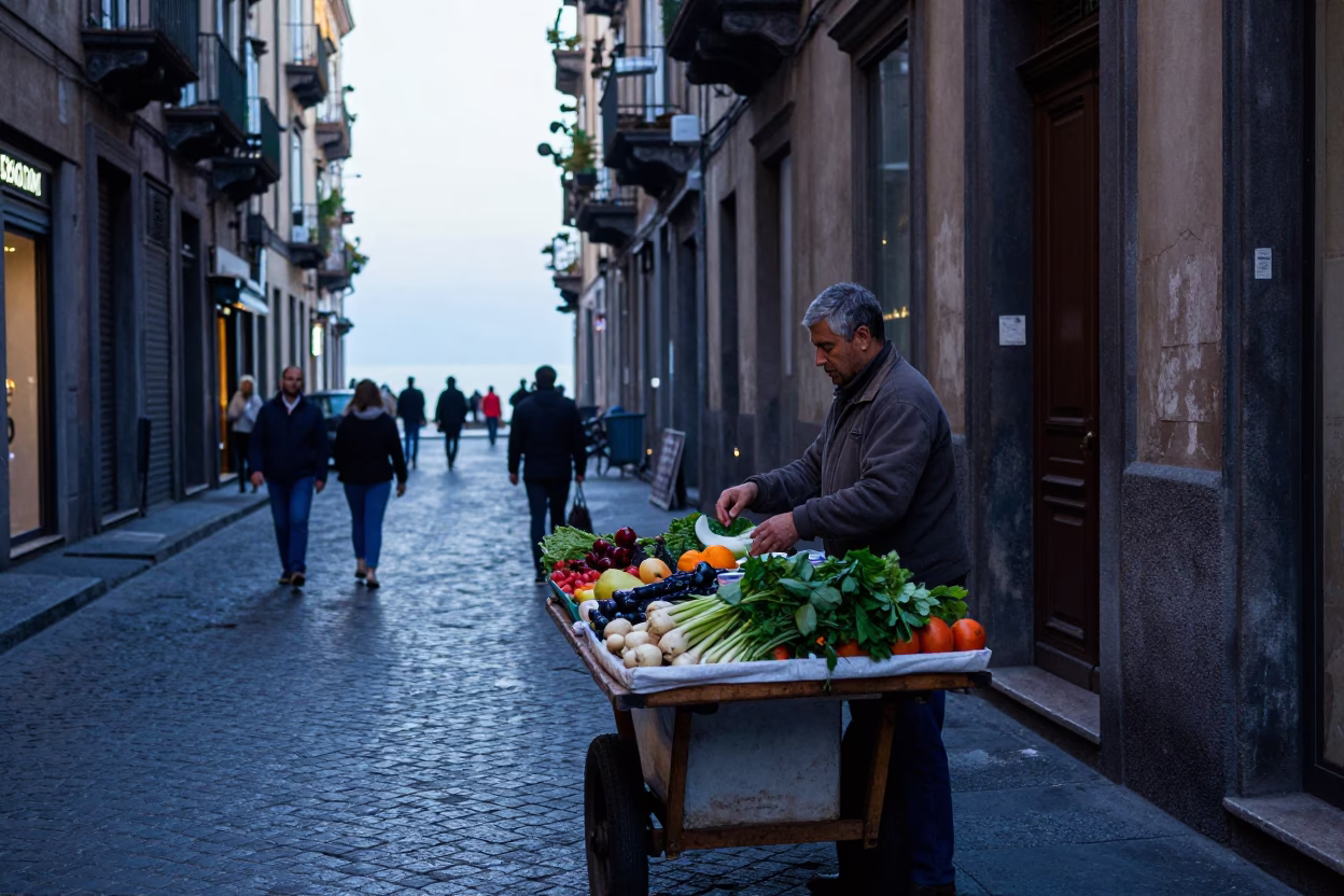 Early Morning Naples Street Scene with Vendor and Morning Light in in Naples, Italy