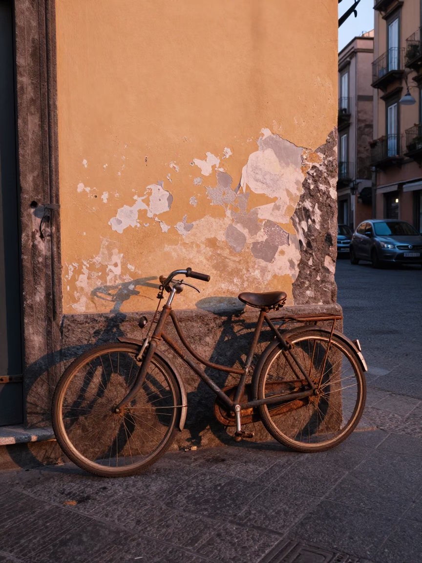 Early Morning Naples Street Scene with Vintage Bicycle and Seed Tray in in Naples, Italy