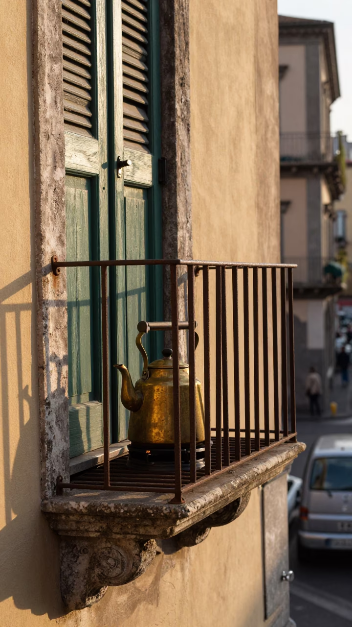 Early Morning Naples Street Scene with Vintage Kettle and Latch Details in in Naples, Italy