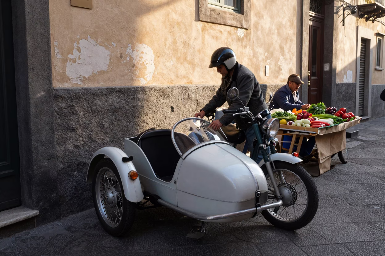 Early Morning Naples Street Scene with Vintage Motorcycle Sidecar and Local Market Activity in in Naples, Italy