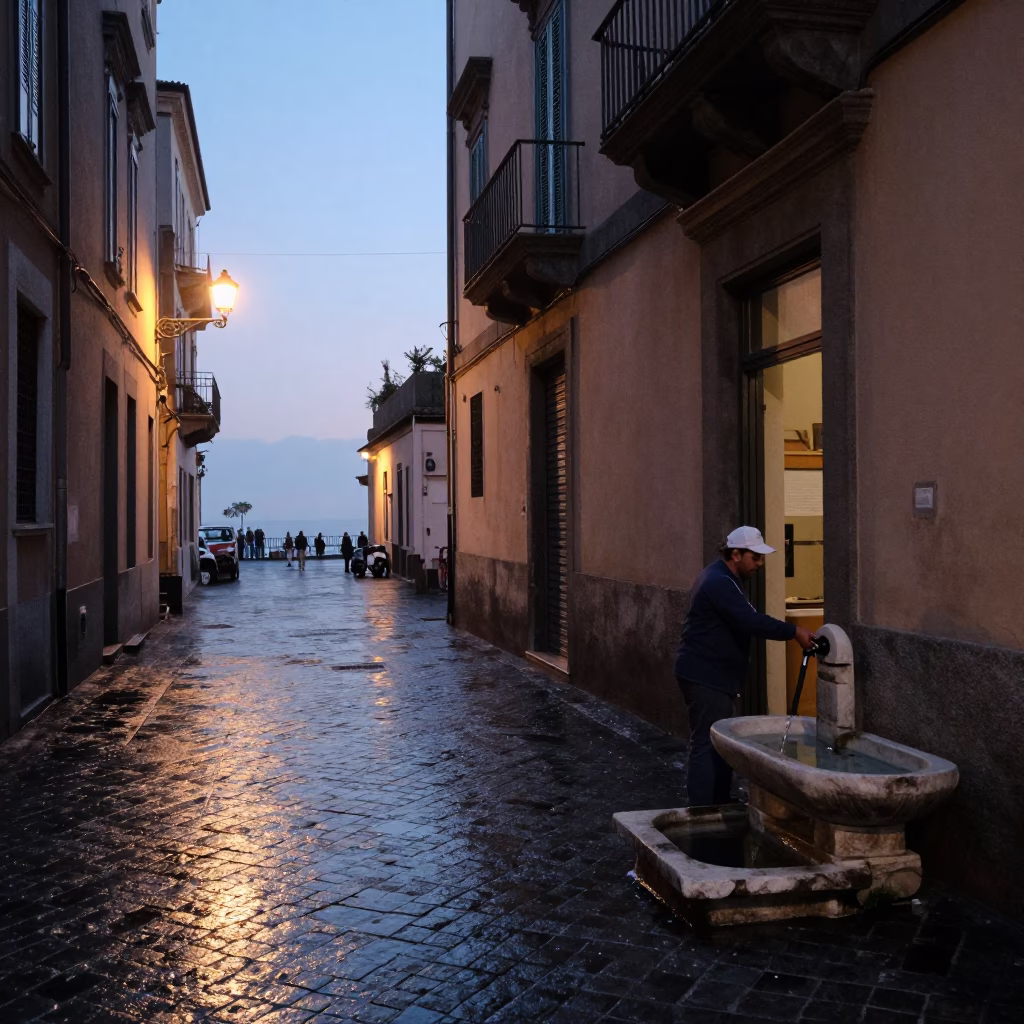 Early Morning Naples Street Scene with Water Basin and Local Market Details in in Naples, Italy