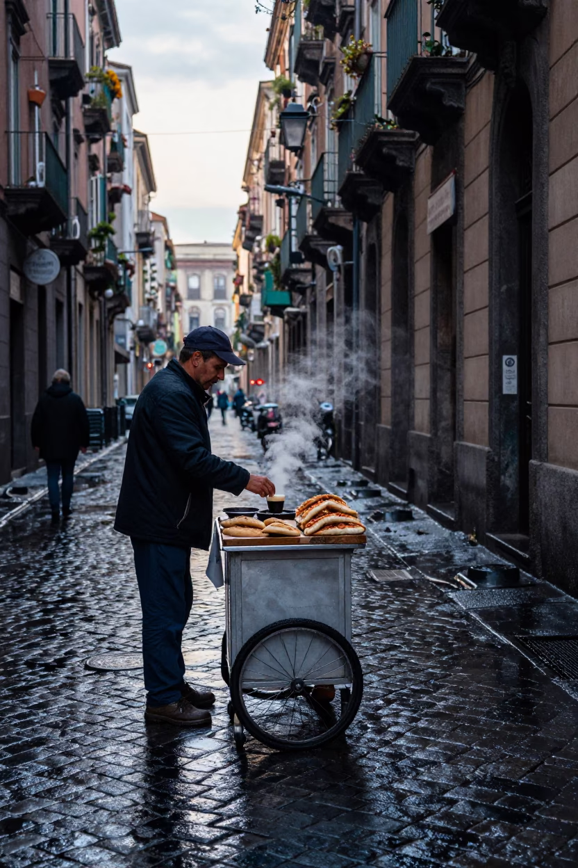 Early Morning Naples Street Scene with Wet Cobblestones and Breakfast Cart Before Sunrise in in Naples, Italy
