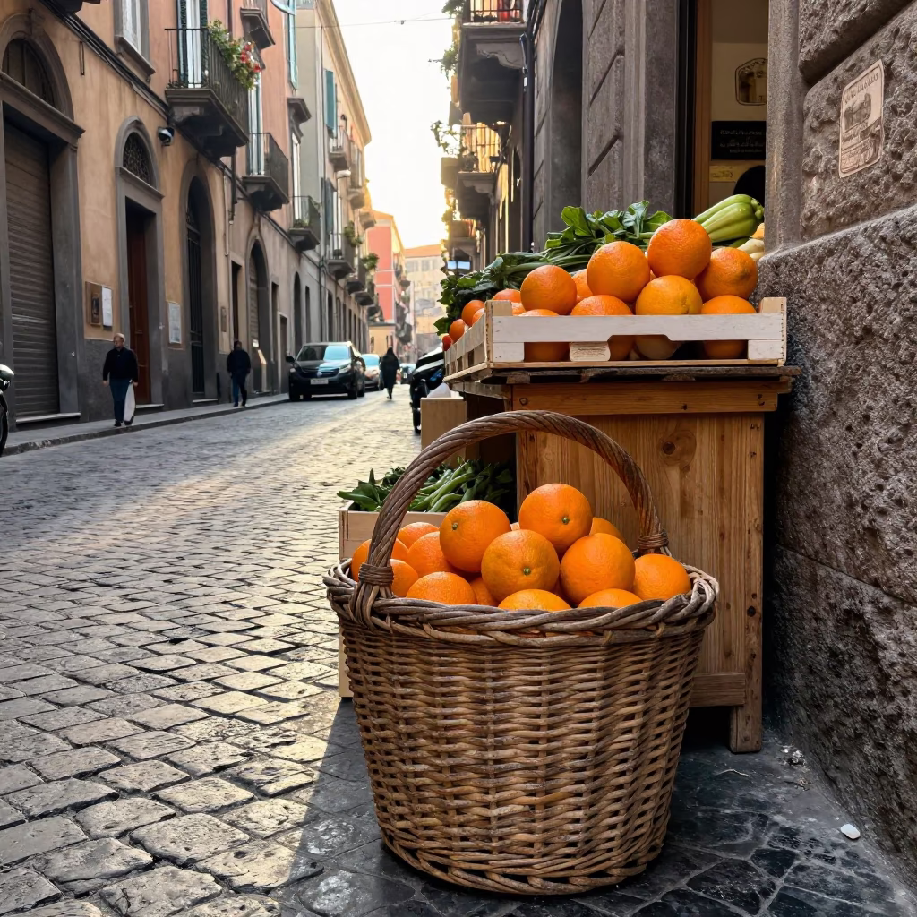 Early Morning Naples Street Scene with Wicker Basket and Rusty Metal Details in in Naples, Italy