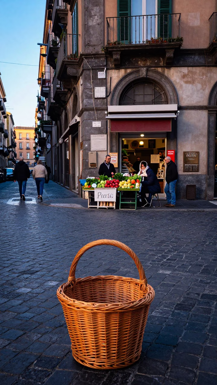 Early Morning Naples Street Scene with Wicker Hamper and Window Light in Italy in in Naples, Italy