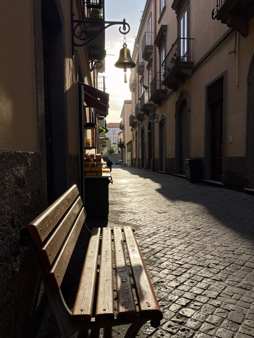 Early Morning Naples Street Scene with Wicker Shadow and Bell in in Naples, Italy