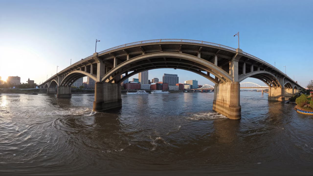 Early Morning Nashville Street Scene with Bridge Piers and River Current in in Nashville, Tennessee, United States