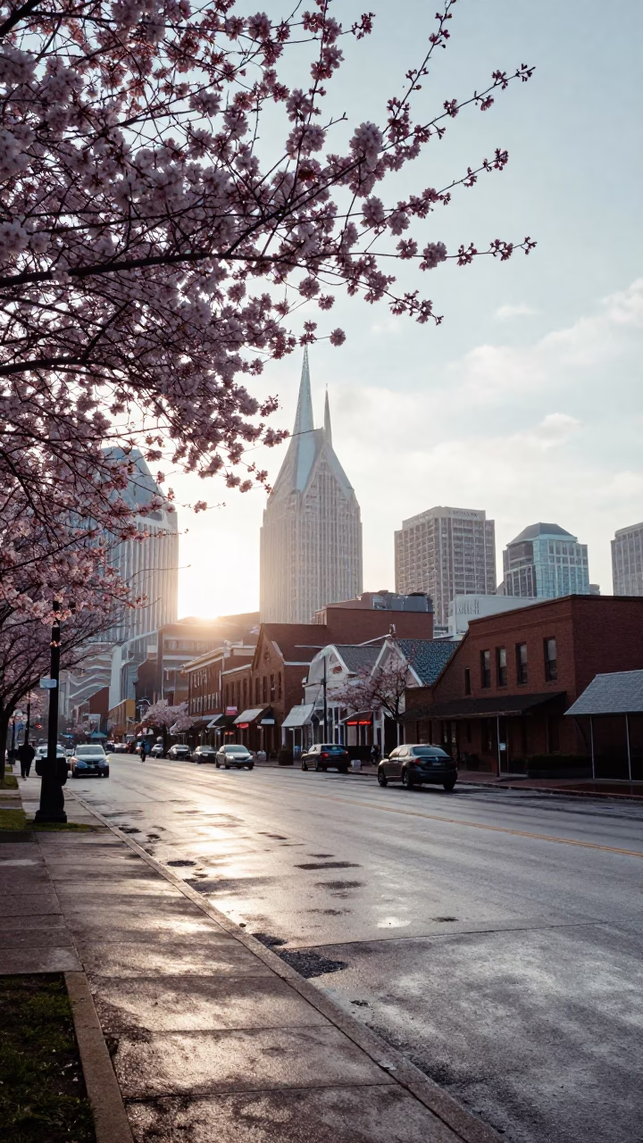 Early Morning Nashville Street Scene with Cherry Blossoms and City Life in in Nashville, Tennessee, United States