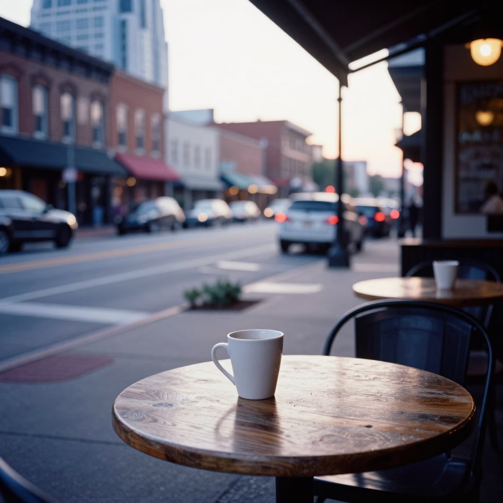 Early Morning Nashville Street Scene with Coffee Cup and Cutlery on Wooden Table in in Nashville, Tennessee, United States