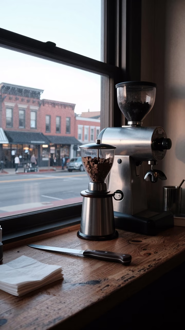 Early Morning Nashville Street Scene with Coffee Grinder and Bread Knife on Wooden Counter in in Nashville, Tennessee, United States