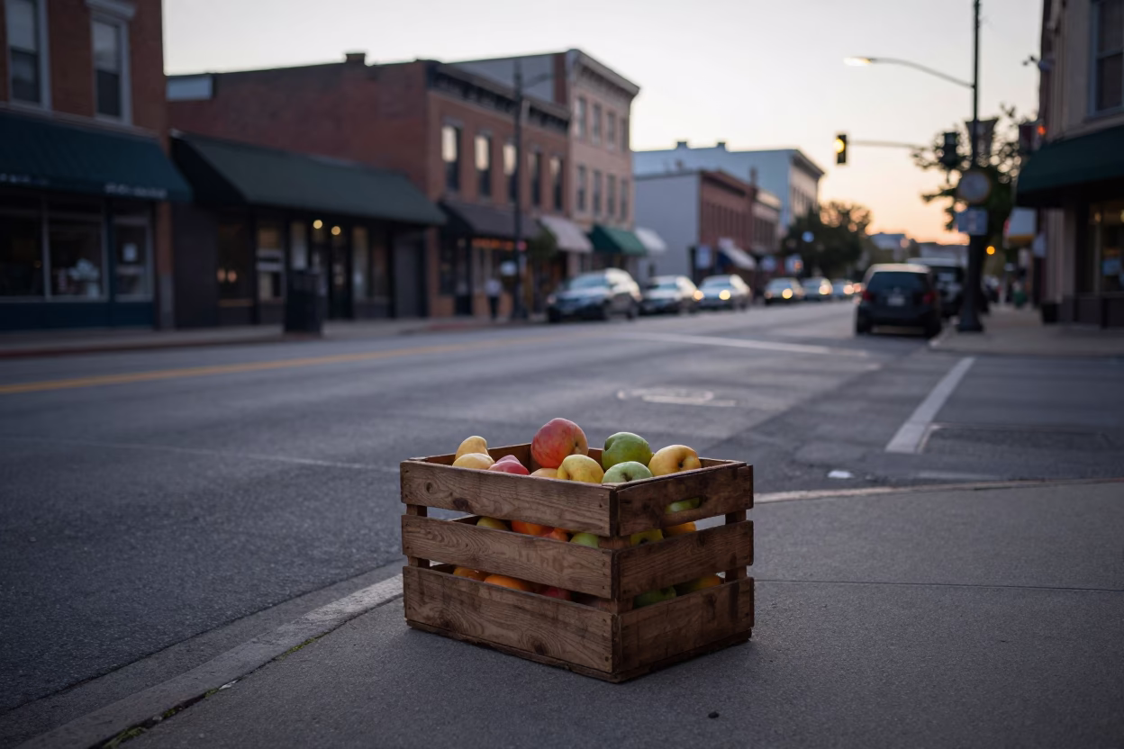 Early Morning Nashville Street Scene with Fruit Crate and Local Market Atmosphere in in Nashville, Tennessee, United States