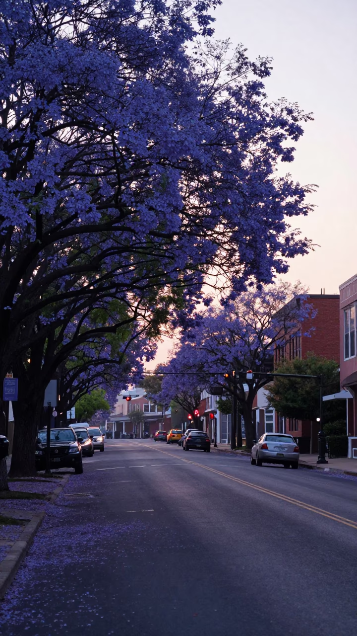 Early Morning Nashville Street Scene with Jacaranda Boulevard and Local Breakfast in in Nashville, Tennessee, United States
