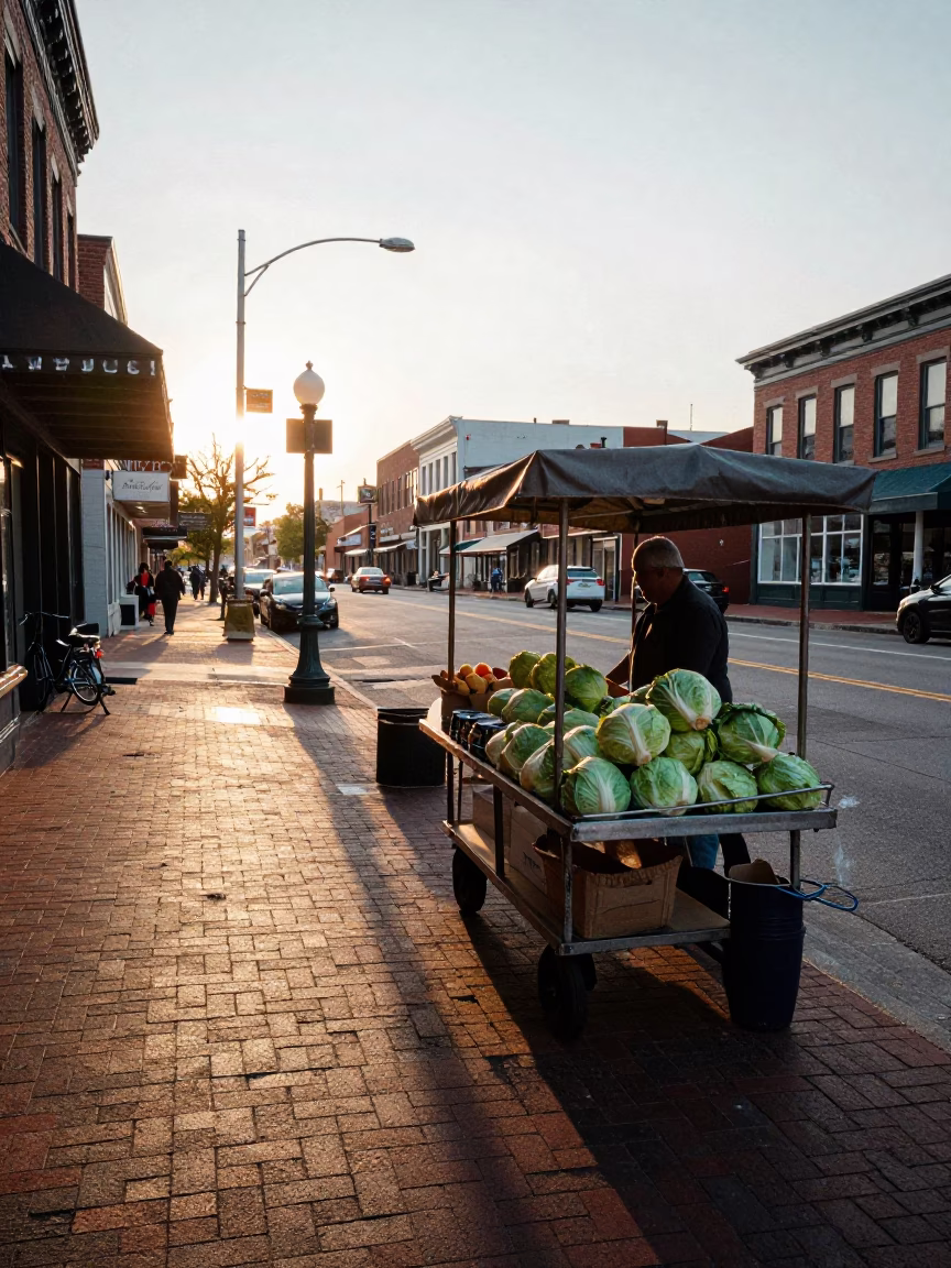 Early Morning Nashville Street Scene with Local Bakery Display and Morning Commuters in in Nashville, Tennessee, United States