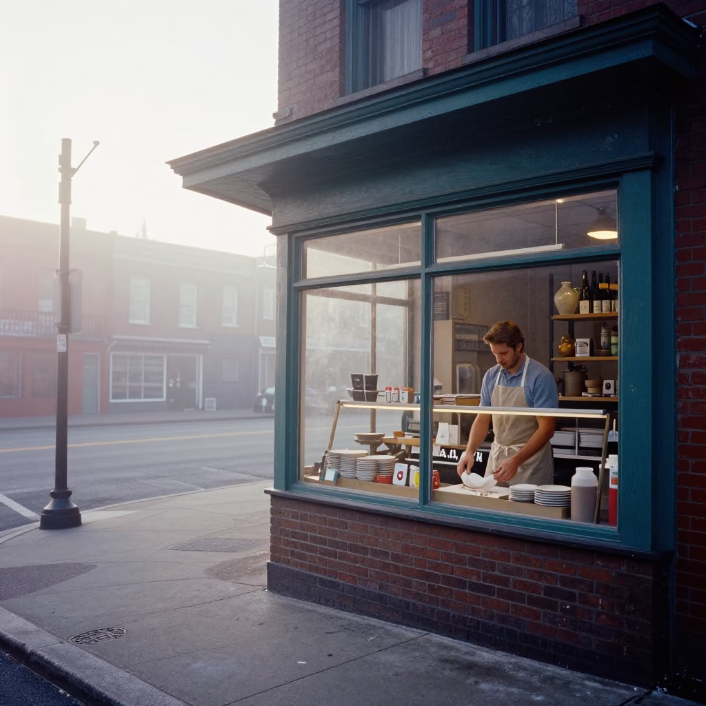 Early Morning Nashville Street Scene with Local Bakery Display and Urban Architecture in in Nashville, Tennessee, United States