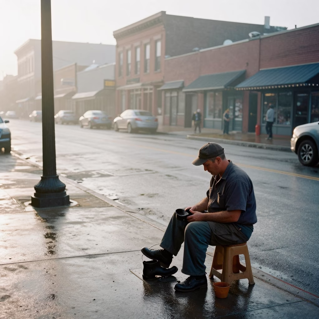 Early Morning Nashville Street Scene with Shoe Shiner and Urban Sidewalk Activity in in Nashville, Tennessee, United States
