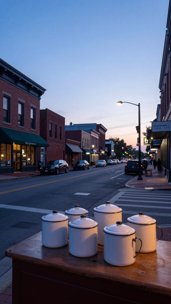 Early Morning Nashville Street Scene with Vintage Canister Set and Local Bakery Details in in Nashville, Tennessee, United States