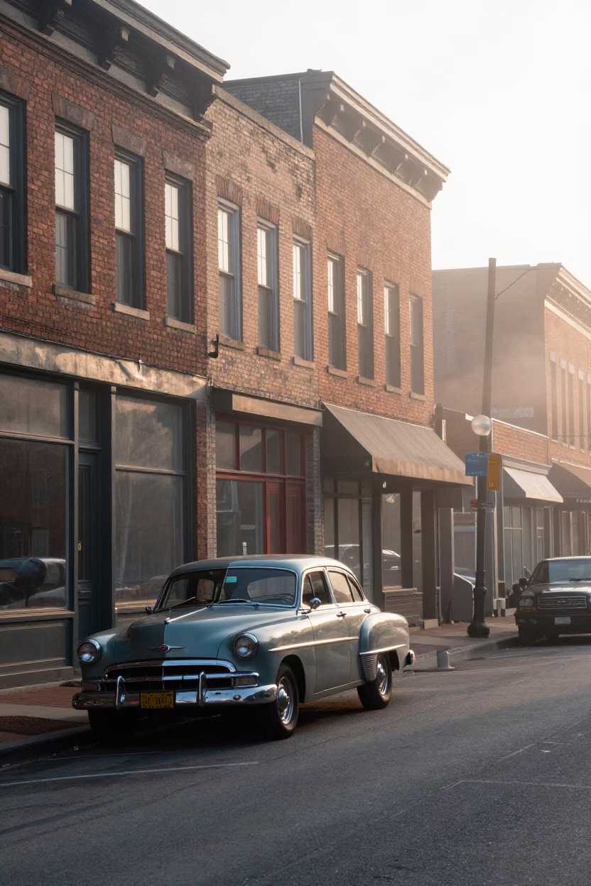 Early Morning Nashville Street Scene with Vintage Cars and Local Atmosphere in in Nashville, Tennessee, United States