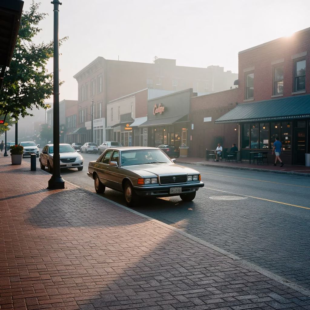 Early Morning Nashville Street Scene with Vintage Cars and Local Coffee Shop in in Nashville, Tennessee, United States