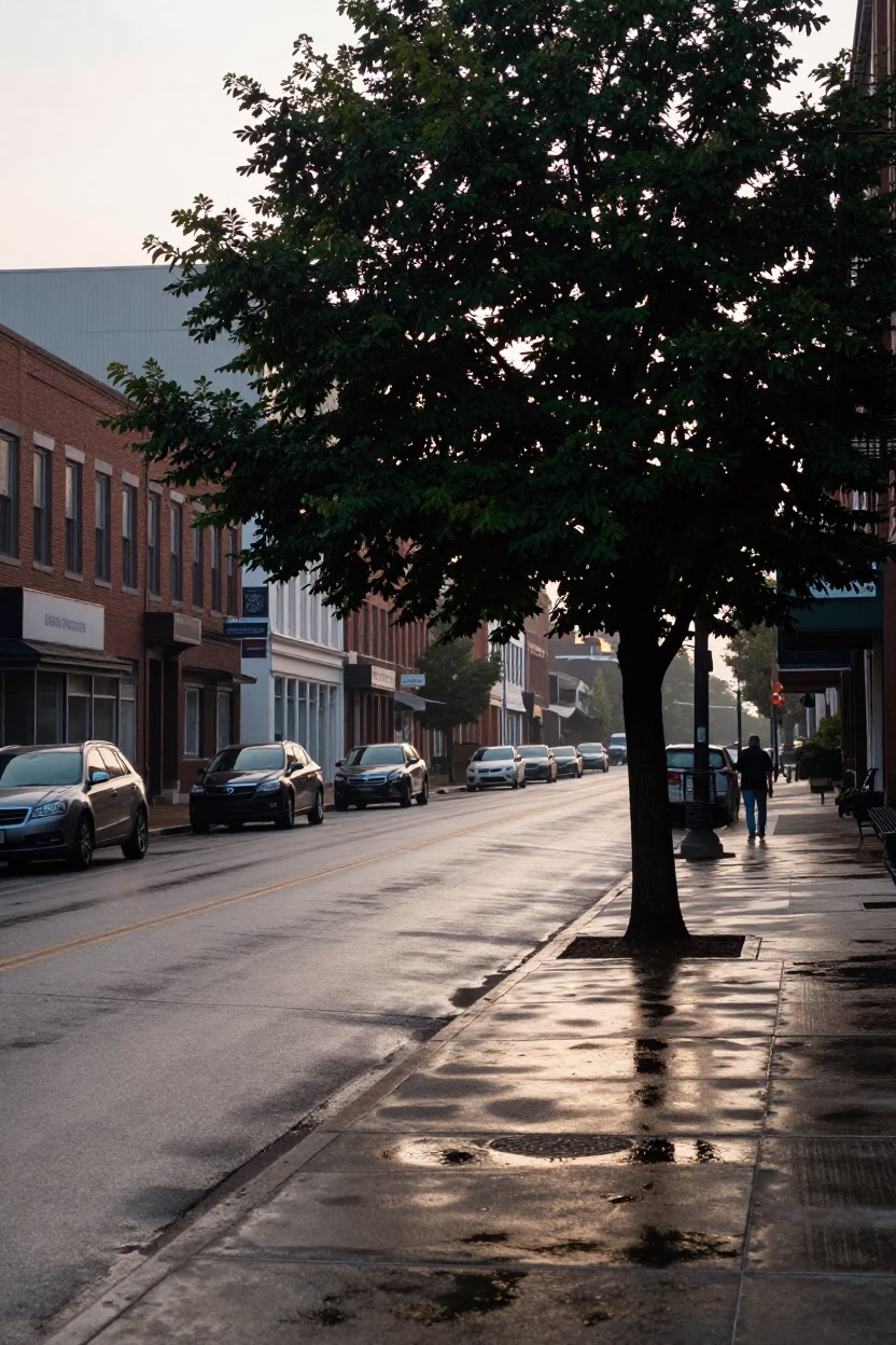 Early Morning Nashville Street Scene with Wet Pavement and Chestnut Tree Husks in in Nashville, Tennessee, United States