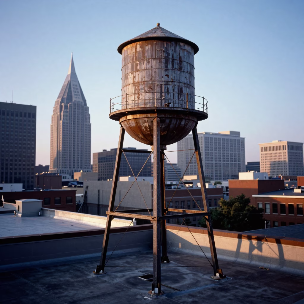 Early Morning Nashville Tennessee Rooftop Water Tower and Urban Skyline Photograph in in Nashville, Tennessee, United States