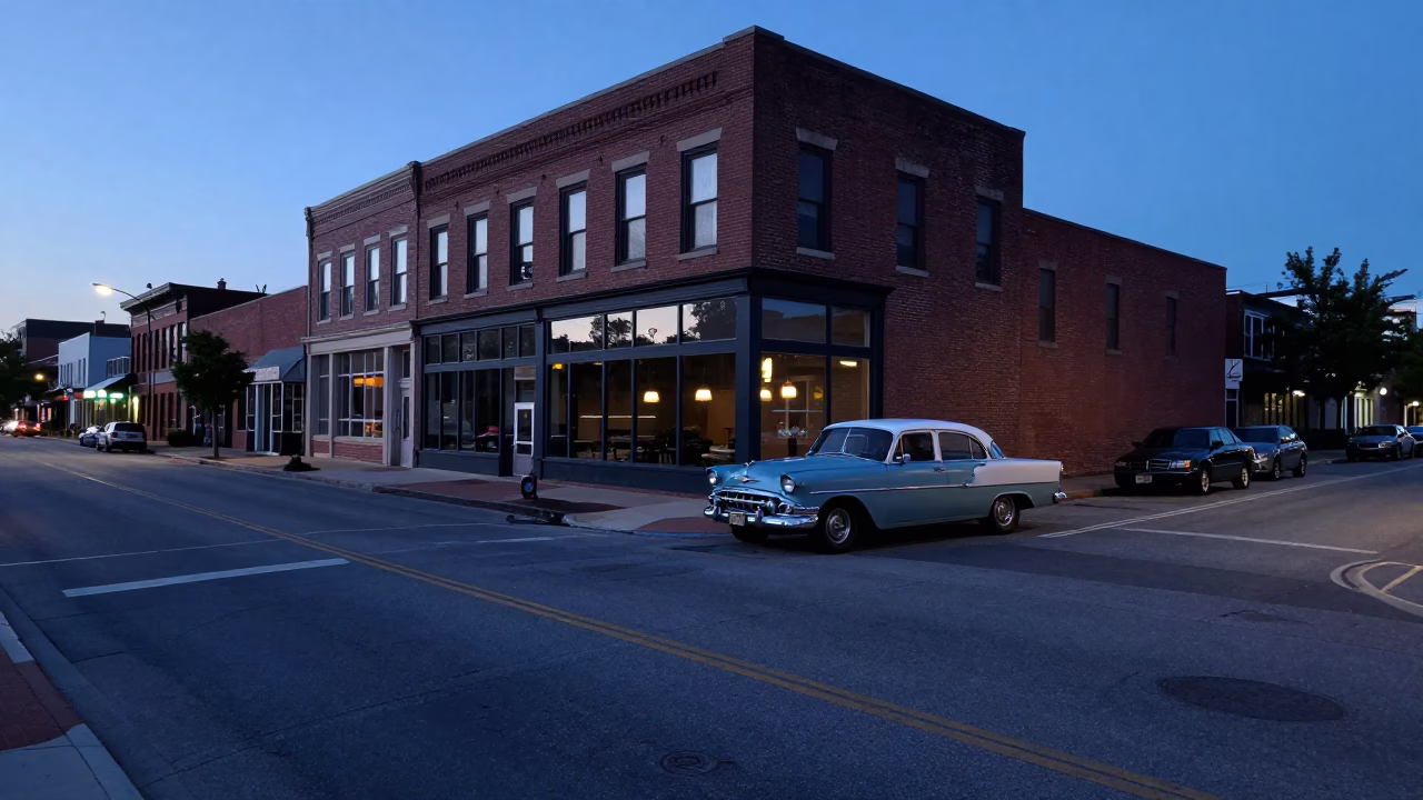 Early Morning Nashville Tennessee Street Scene with Vintage Car and Neon Sign in in Nashville, Tennessee, United States