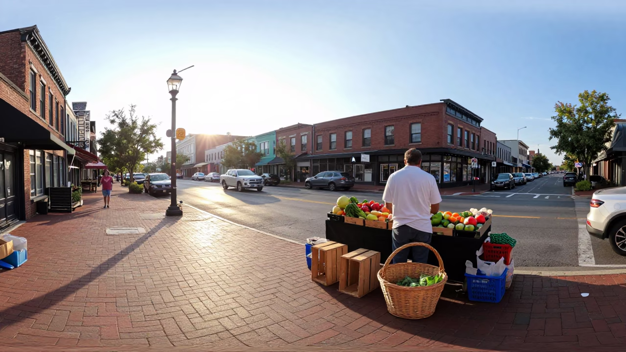 Early Morning Nashville Tennessee Street Scene with Wicker Basket and Local Commerce in in Nashville, Tennessee, United States
