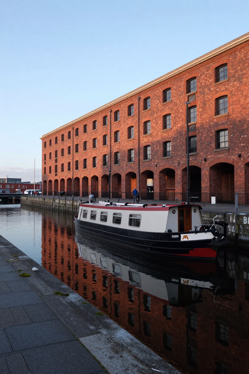 Early Morning Nautical Dawn Activity at Liverpool's Albert Dock Waterfront in in Liverpool, United Kingdom