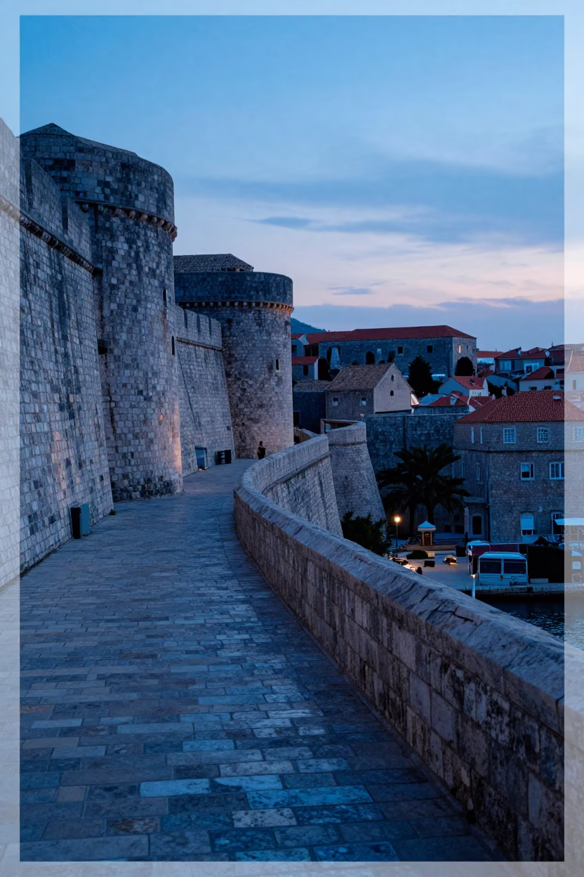Early Morning Nautical Dawn Light on Dubrovnik Old City Fortifications and Harbor in in Dubrovnik, Croatia