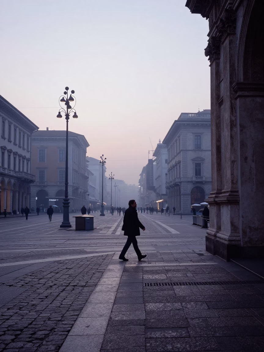 Early Morning Nautical Dawn Light Over Milan Italy Street Scene in in Milan, Italy