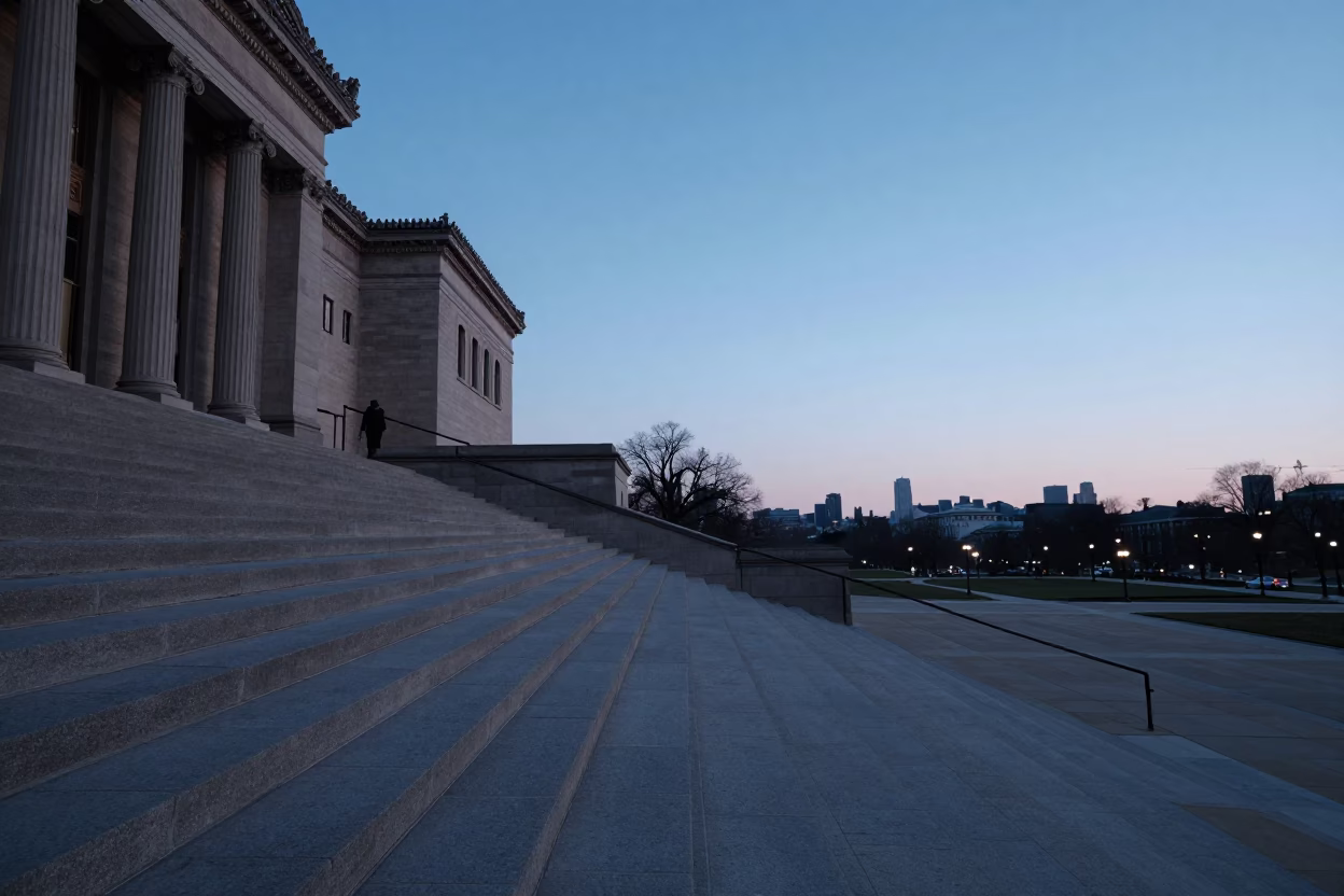 Early Morning Nautical Dawn Scene Outside Philadelphia Art Museum Steps with Local Street Details in in Philadelphia, Pennsylvania, United States
