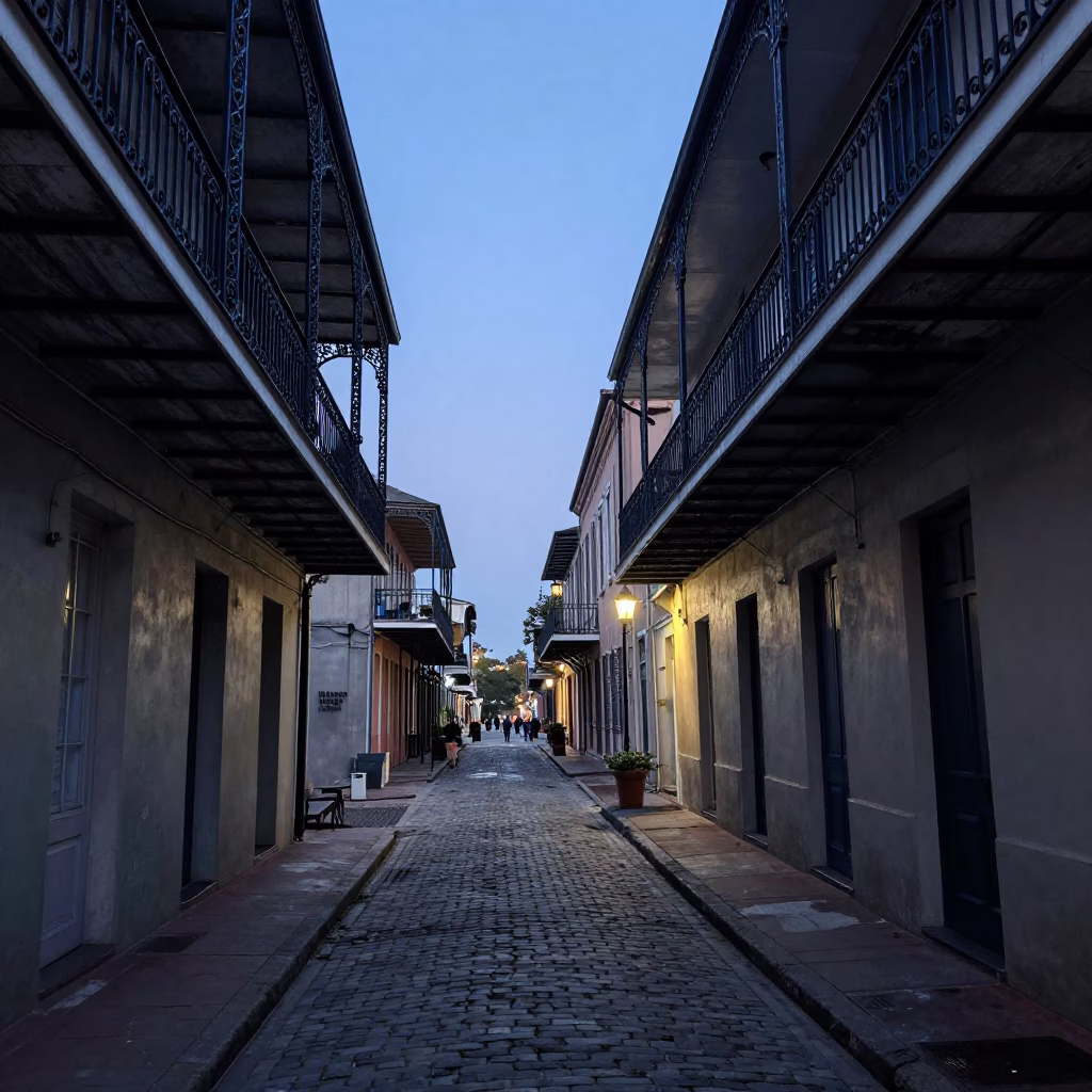 Early Morning New Orleans Alleyway with Wrought Iron Balconies and Street Lights in in New Orleans, Louisiana, United States