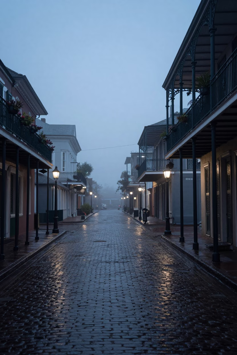 Early Morning New Orleans French Quarter Street Scene with Iron Balconies and Magnolia Bloom in in New Orleans, Louisiana, United States