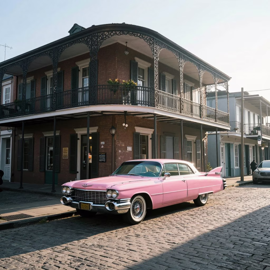 Early Morning New Orleans Street Scene with Classic Pink Cadillac and Wrought Iron Balconies in in New Orleans, Louisiana, United States