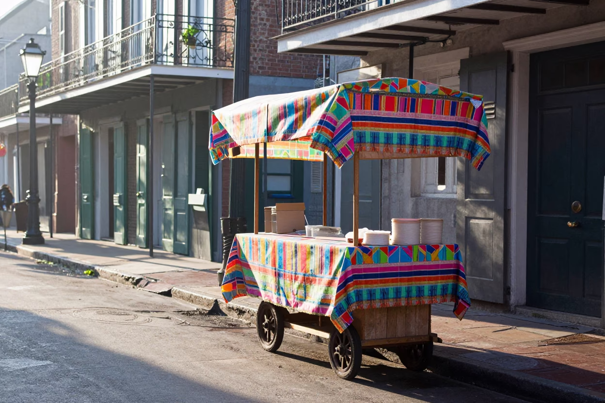 Early Morning New Orleans Street Scene with Colorful Tablecloth and Utensil Crock in in New Orleans, Louisiana, United States