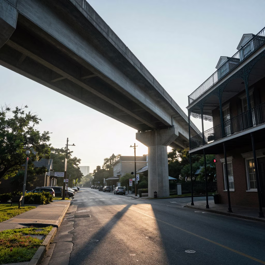 Early Morning New Orleans Street Scene with Concrete Viaduct and Local Detail in in New Orleans, Louisiana, United States