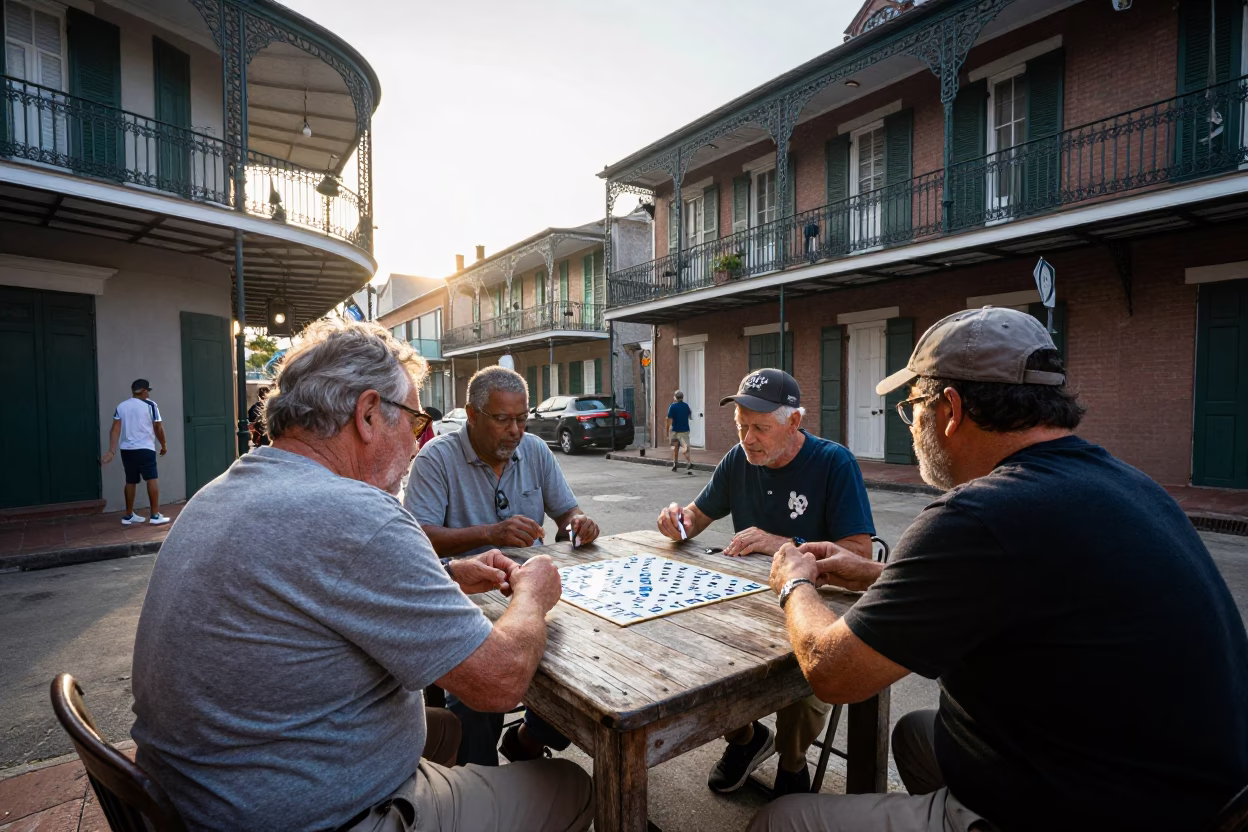 Early Morning New Orleans Street Scene with Domino Game and Garden Rake in in New Orleans, Louisiana, United States