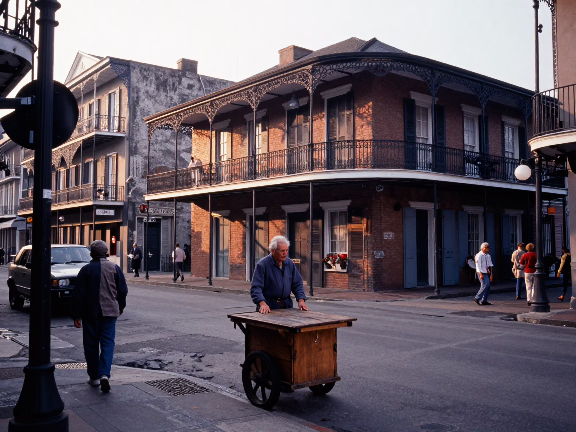 Early Morning New Orleans Street Scene with Iron Balconies and Local Commerce in in New Orleans, Louisiana, United States