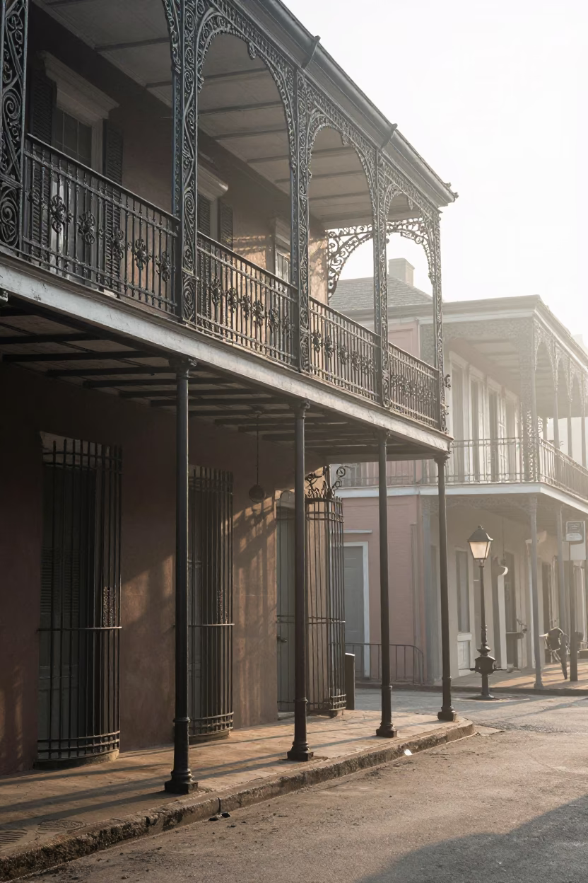 Early Morning New Orleans Street Scene with Iron Grilles and Laundry in in New Orleans, Louisiana, United States