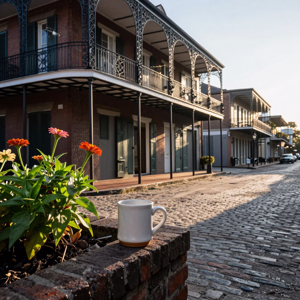 Early Morning New Orleans Street Scene with Mug and Zinnias at Dawn in in New Orleans, Louisiana, United States