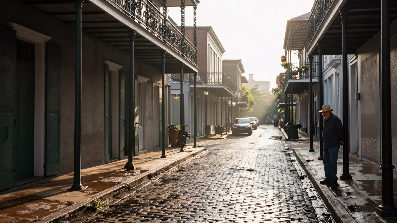 Early Morning New Orleans Street Scene with Sunlight and Local Details in in New Orleans, Louisiana, United States