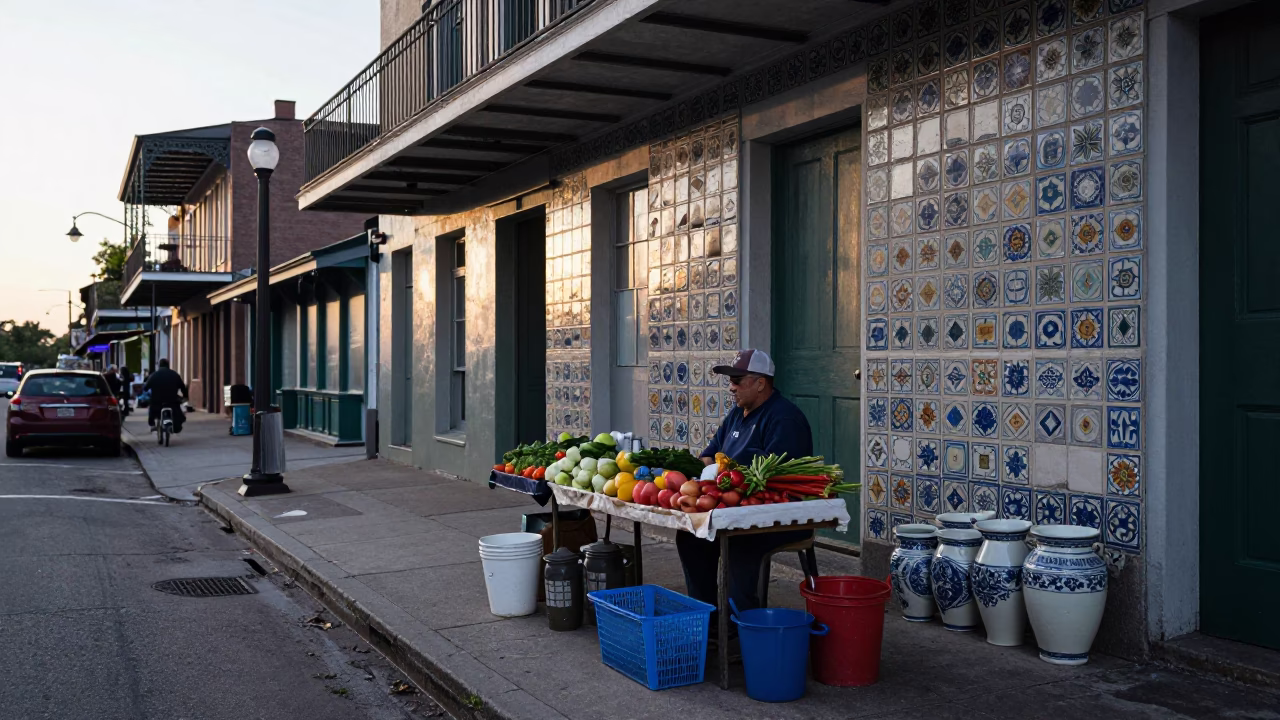 Early Morning New Orleans Street Scene with Vendor and Ceramic Tiles in in New Orleans, Louisiana, United States