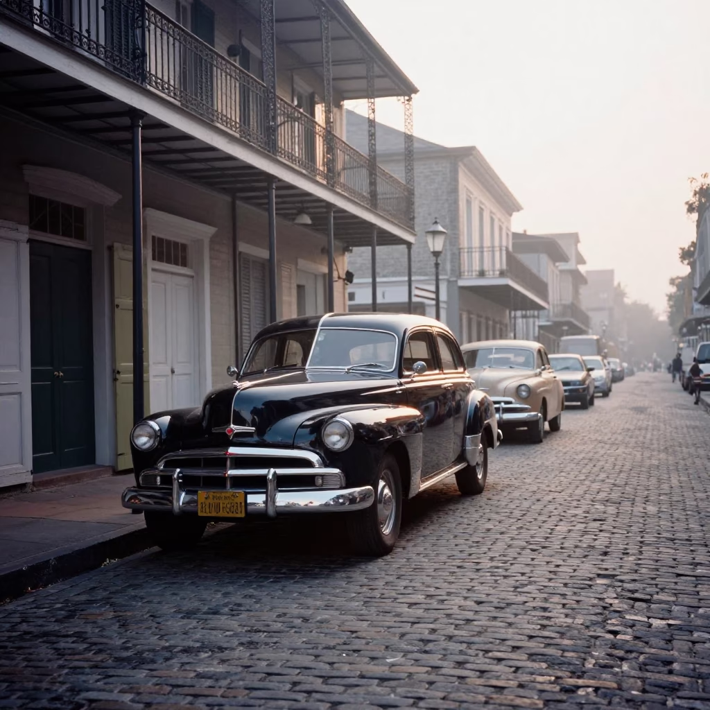 Early Morning New Orleans Street Scene with Vintage Car and Historic Architecture in in New Orleans, Louisiana, United States