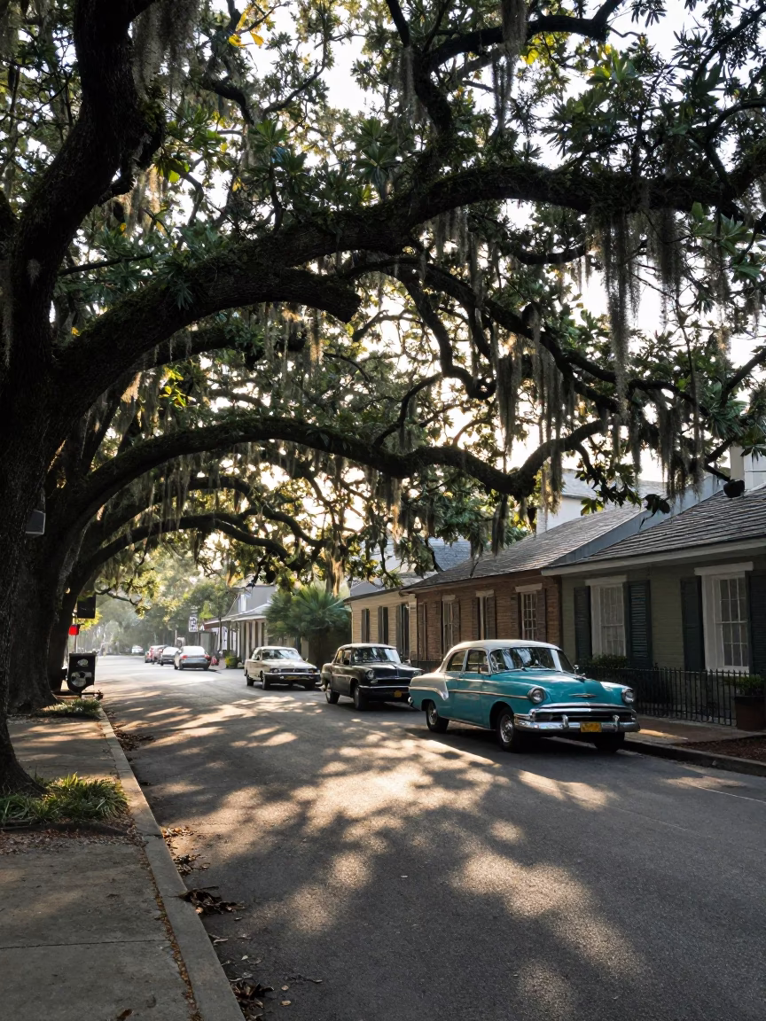 Early Morning New Orleans Street Scene with Vintage Cars and Local Interaction in in New Orleans, Louisiana, United States