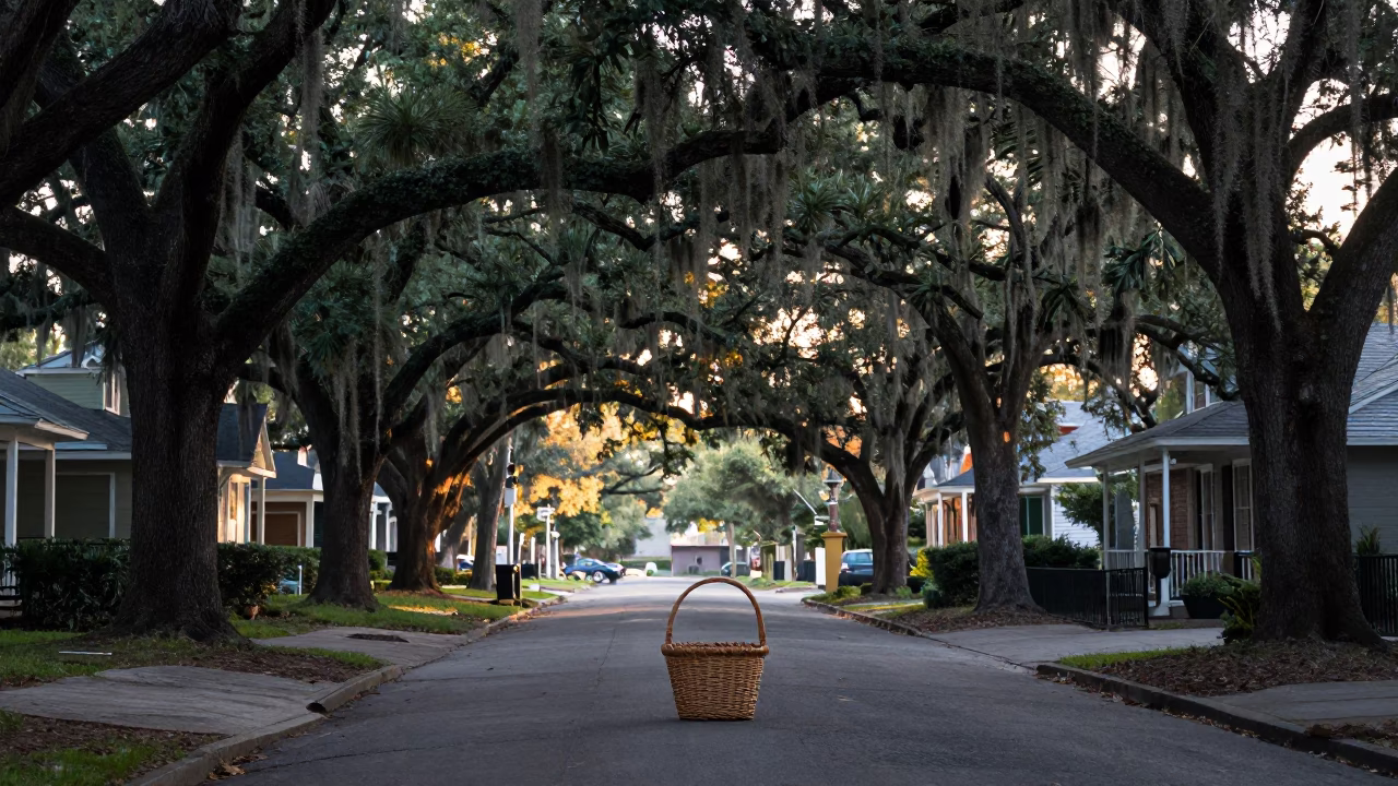 Early Morning New Orleans Street Scene with Wicker Basket and Soap Residue in in New Orleans, Louisiana, United States